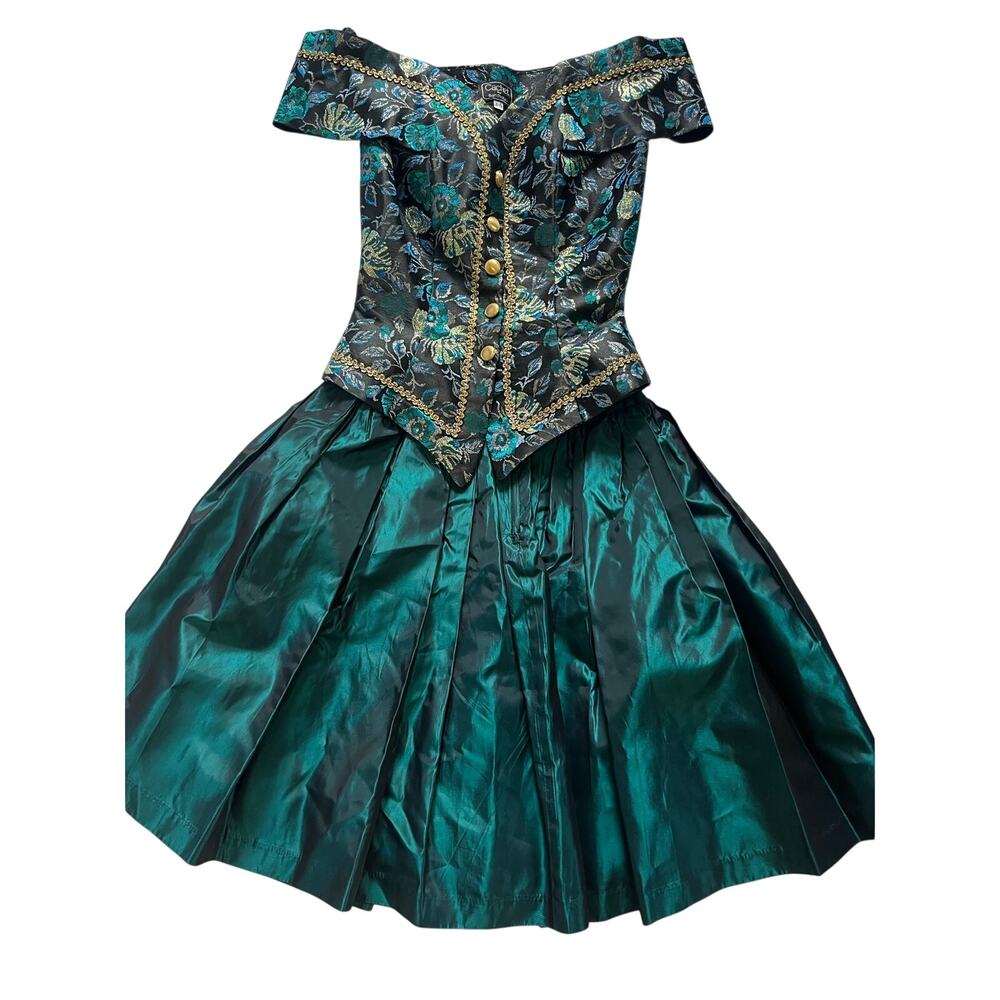 Vintage 80s CACHET Emerald Green Brocade Drop Waist Prom Party Dress Taffeta sm